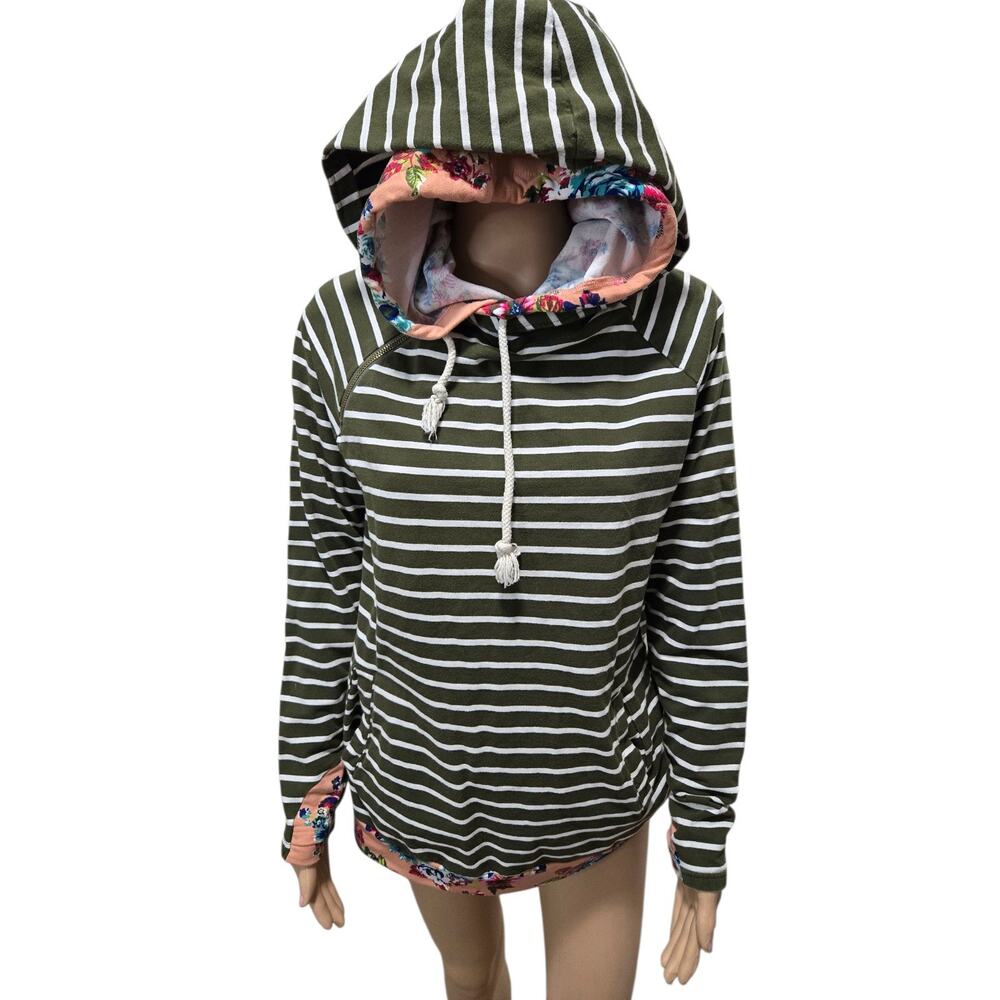 & Ave medium green striped double hood jacket long sleeve floral drawstring